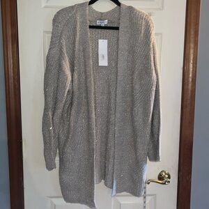NWT-Birch NY-M-tan metallic-open front,knit, sequence, pattern, cardigan sweater